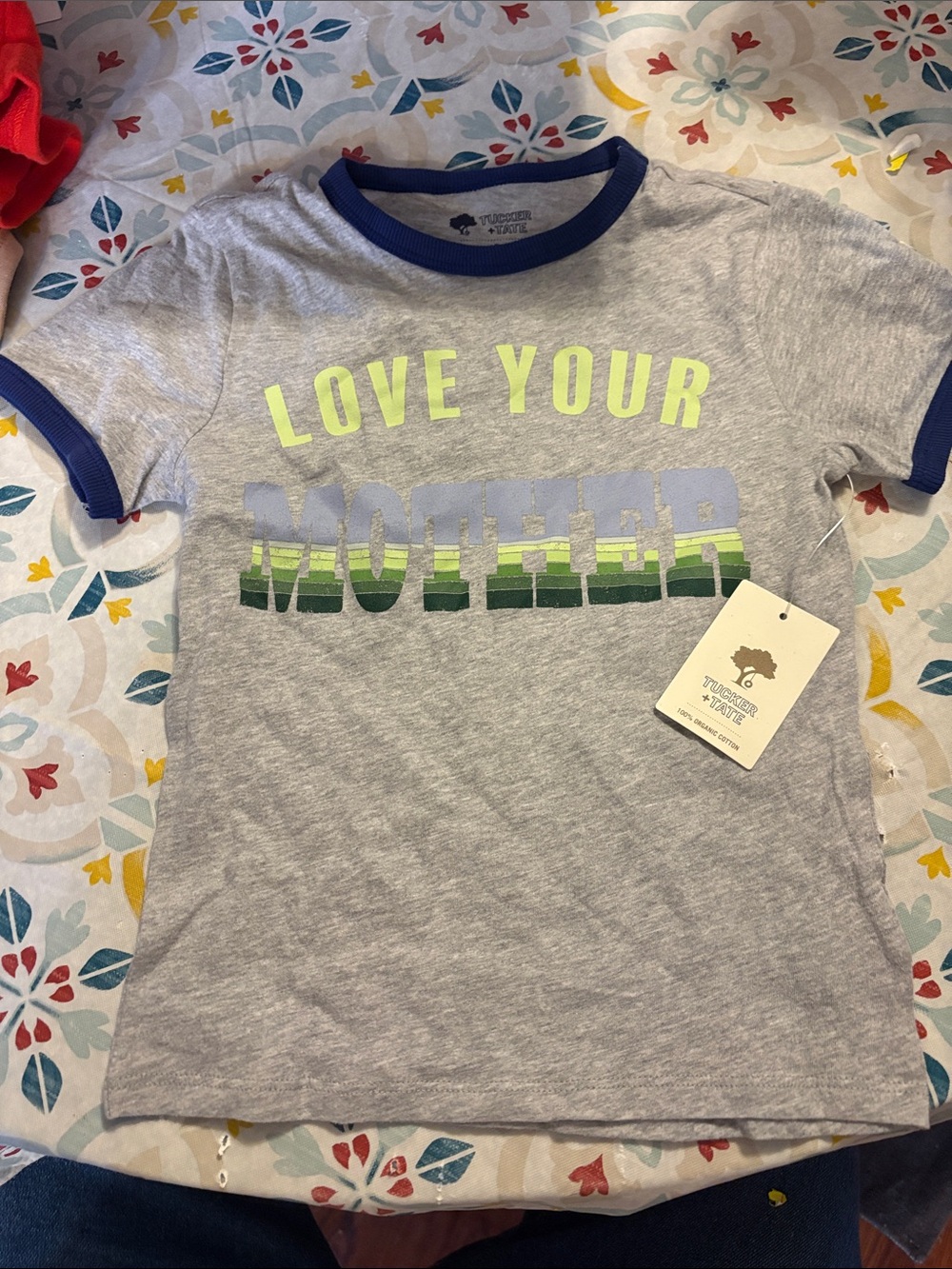 Tucker + Tate Gray Tee with Blue Trim and Neon Yellow Text